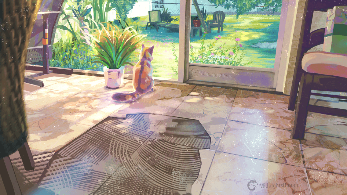 Title: Daydreaming Warmly Description: An orange cat siting on a porch during a sunny day.