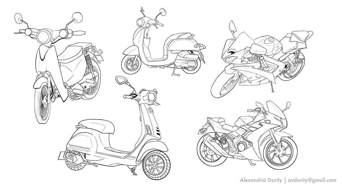 Title: Motorcycle Prop Design Description: Five concepts for motorcycle designs–three moped designs and two street bike designs.