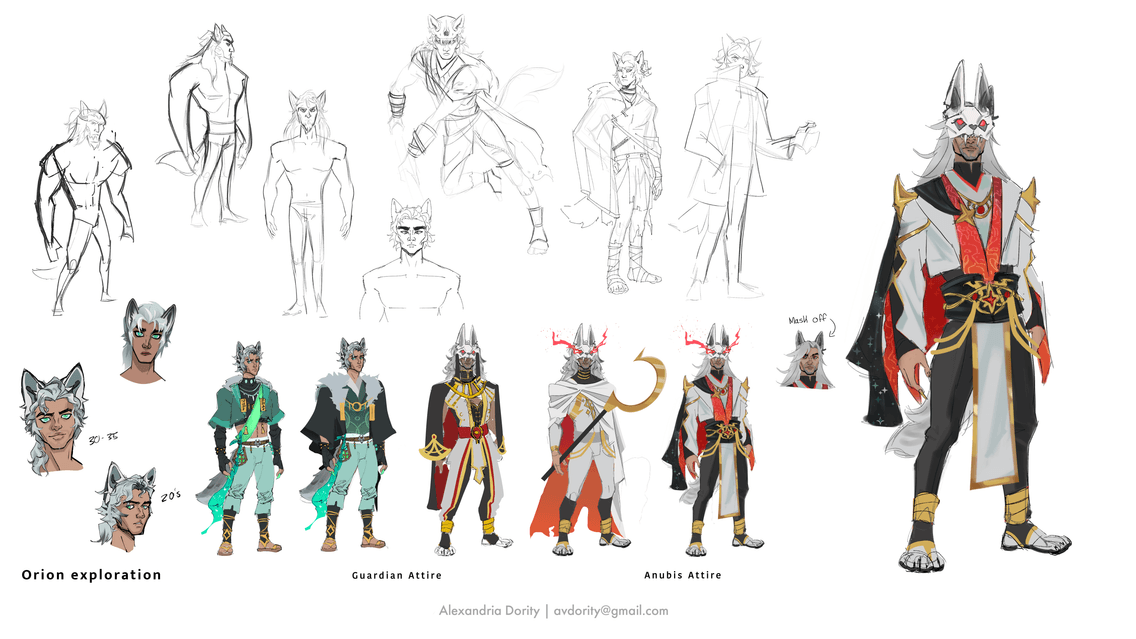 Title: Orion Concept Art Description: Concept art for Orion. In counter-clockwise order; line art sketches, face age concepts, colored concepts of two outfits, and the final Anubis attire design.